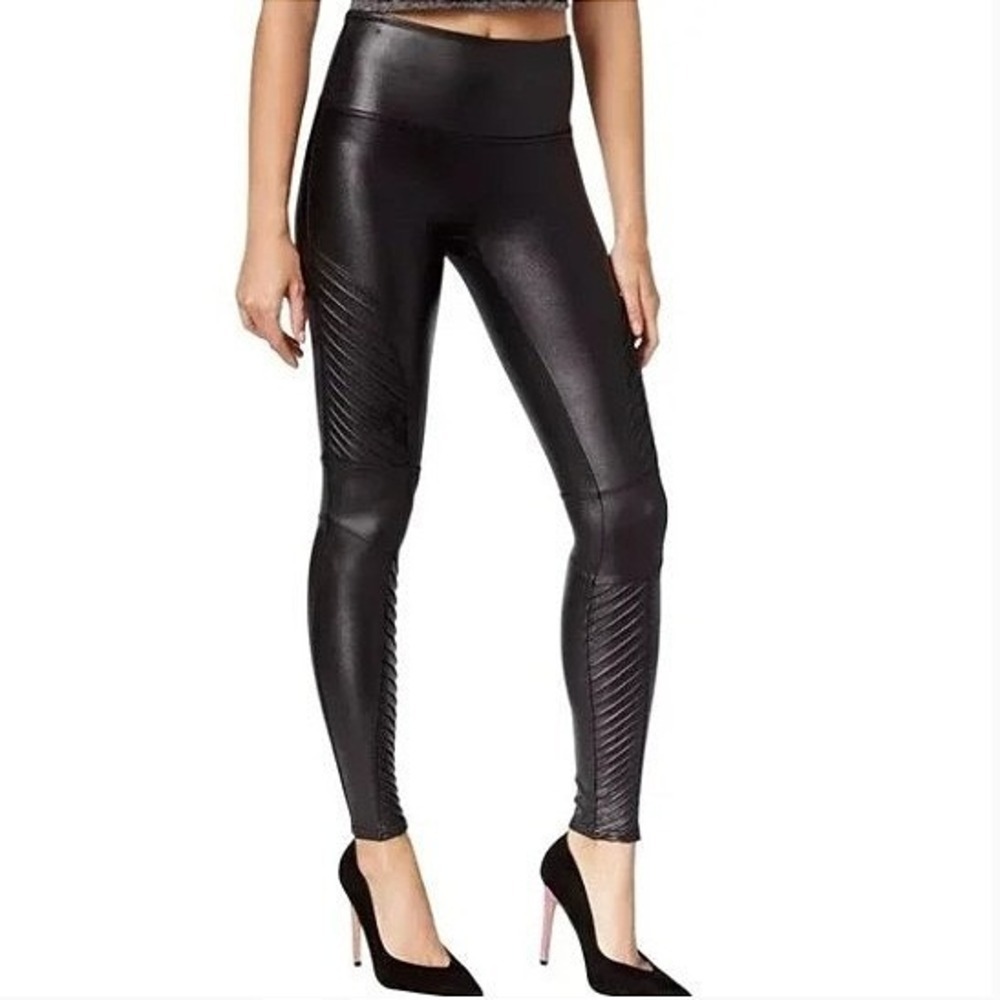 Spanx Faux Leather Moto Leggings Seamless Tummy Control Black Size Medium